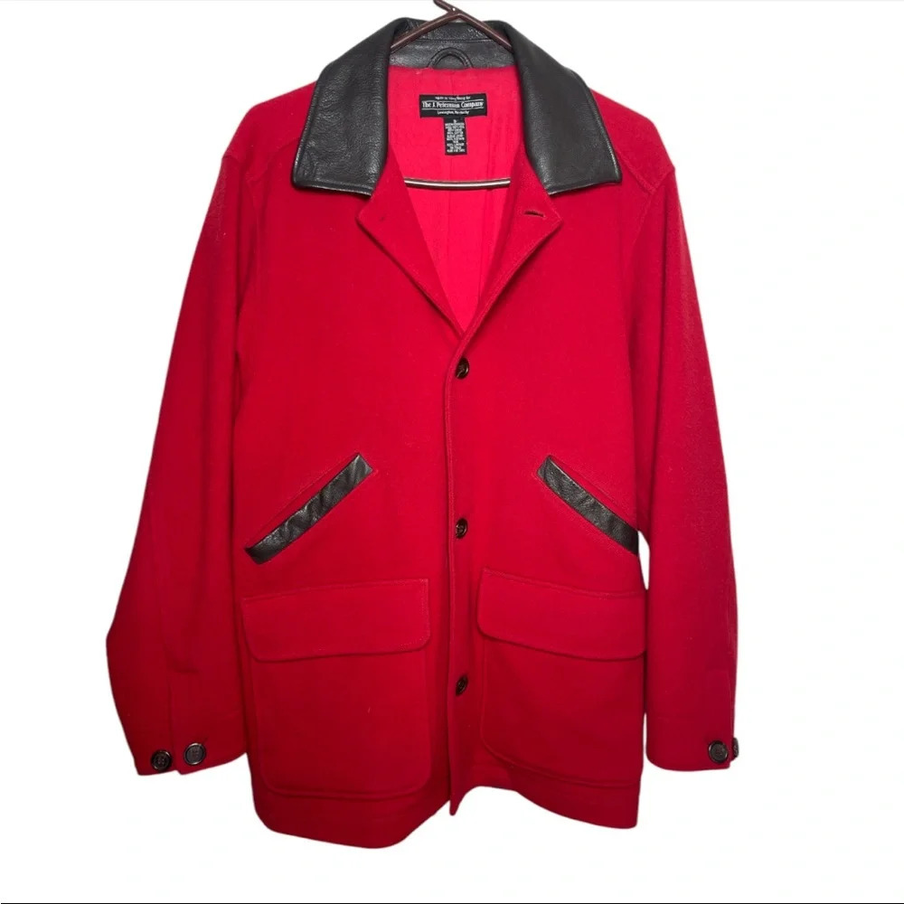 The J Peterman Company Womens Small Red 100% Wool Leather Collar Jacket Coat